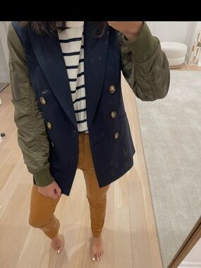 Clausen Dickey Mixed Media Bomber Sleeve Blazer Jacket Navy Olive Size 0